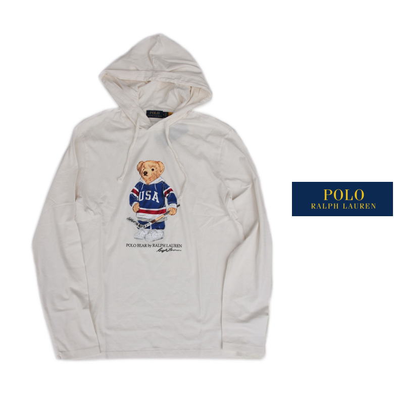 Polo Ralph Lauren ポロラルフローレン アメリカ買付品 USA ポロベア メンズ プルオーバーパーカー 薄手 ロンTEE感覚 POLO BEAR WHITE ホワイト