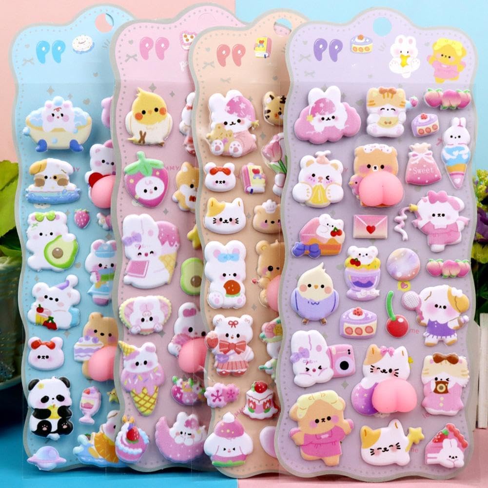 3Dシール 立体シール 4枚セット 3Dおしり ぷに ぷに シール 可愛い 漫画の動物 ごほうびステッカー 女の子向け 多機能 飾り用 ストレス解消おもちゃ オフィス 学校 家庭用 仕事用 業務用 プレゼント nototengoku-10006216 HomeTech パッケージ画像