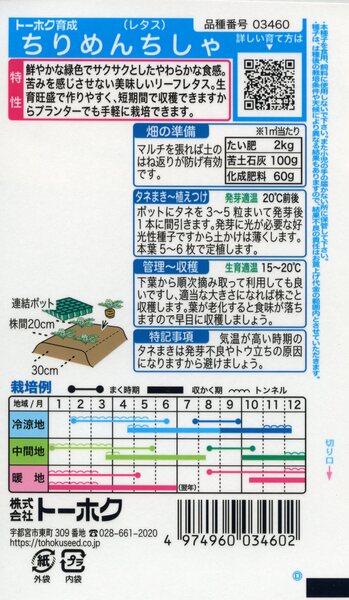 3/11までエントリーでお得！ポイント5倍！！　レタスの種　ちりめんちしゃ　3ml　品番3460　種子　たね