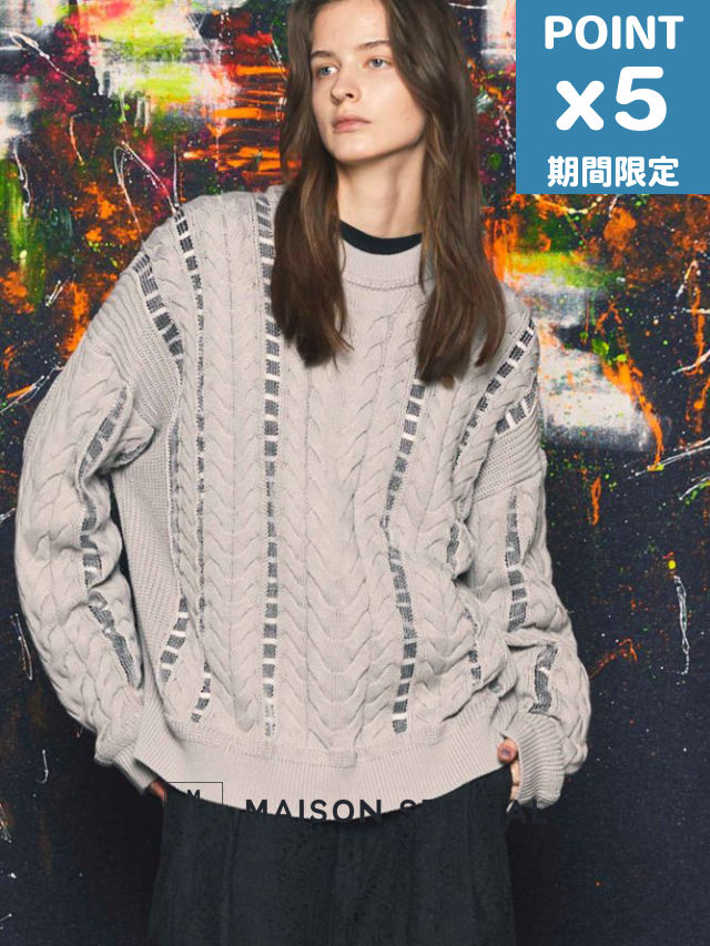 楽天nouvelle期間限定P5倍【MAISON SPECIAL / メゾンスペシャル】 ニットプルオーバー - Cable Knitting Sheer Intarsia Prime-Over Crew Neck Knit Pullover GREY