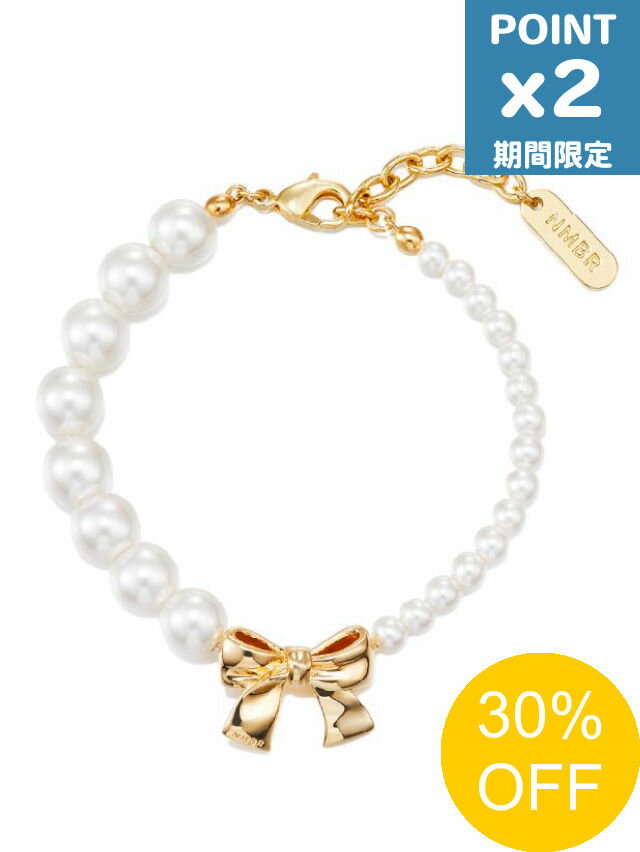 【SALE】期間限定P2倍【NUMBERING / ナンバリング】 パールリボンブレスレット - Ribbon Pearl Bead Bracelet GOLD【韓国・ジュエリー】