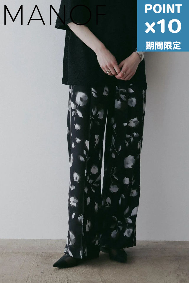 期間限定P10倍【MANOF / マノフ】 フラワーワイドパンツ - BLURRED FLOWER WIDE PANTS - BLACK