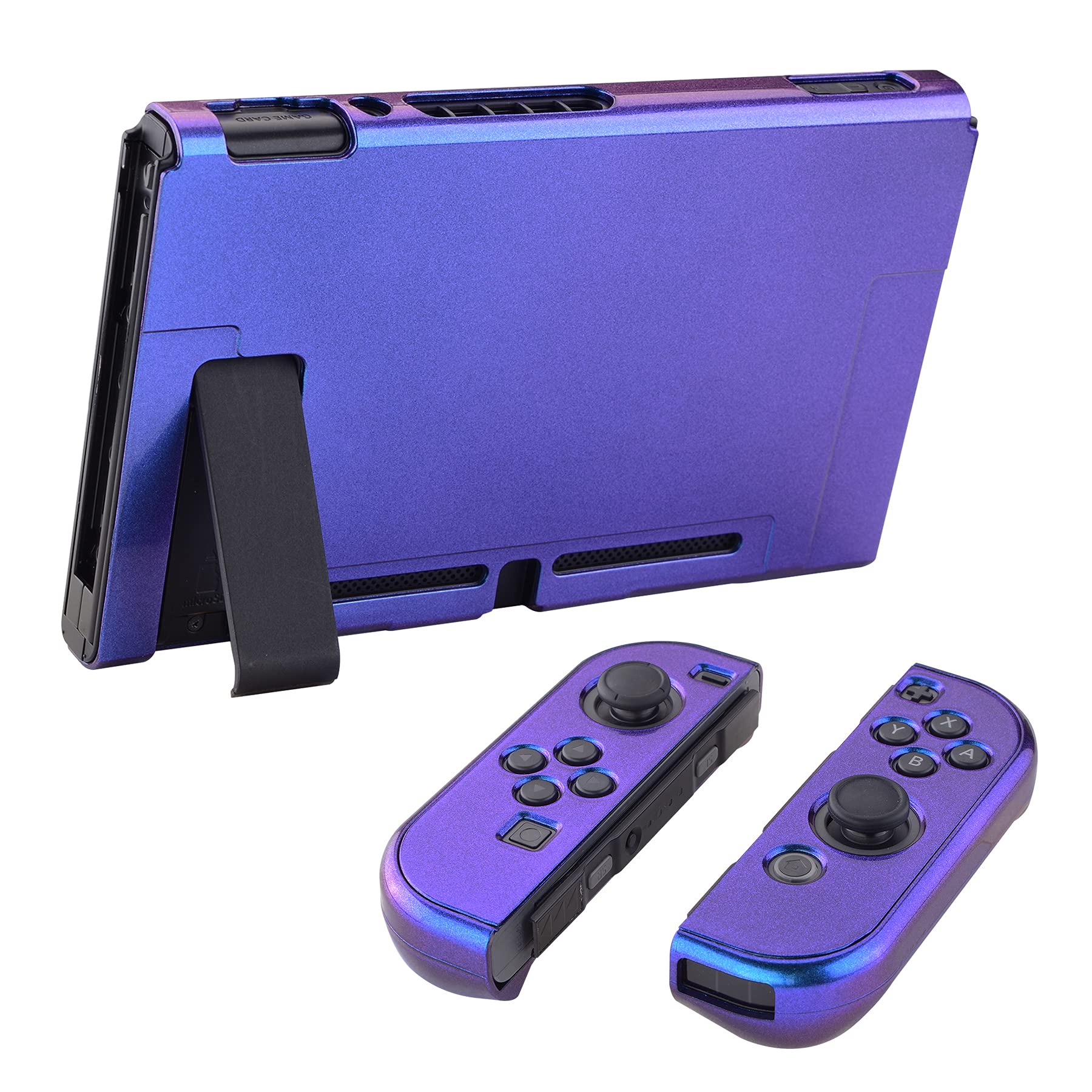 eXtremeRate PlayVital Switchコンソールに対応用グロッシーバックカバー、NS Joyconハンドヘルドコントローラー分離可能プロテクターハードシェル、Switch用にカスタマイズされたドッキングできる保護ケース【カメレオンパープルブルー】