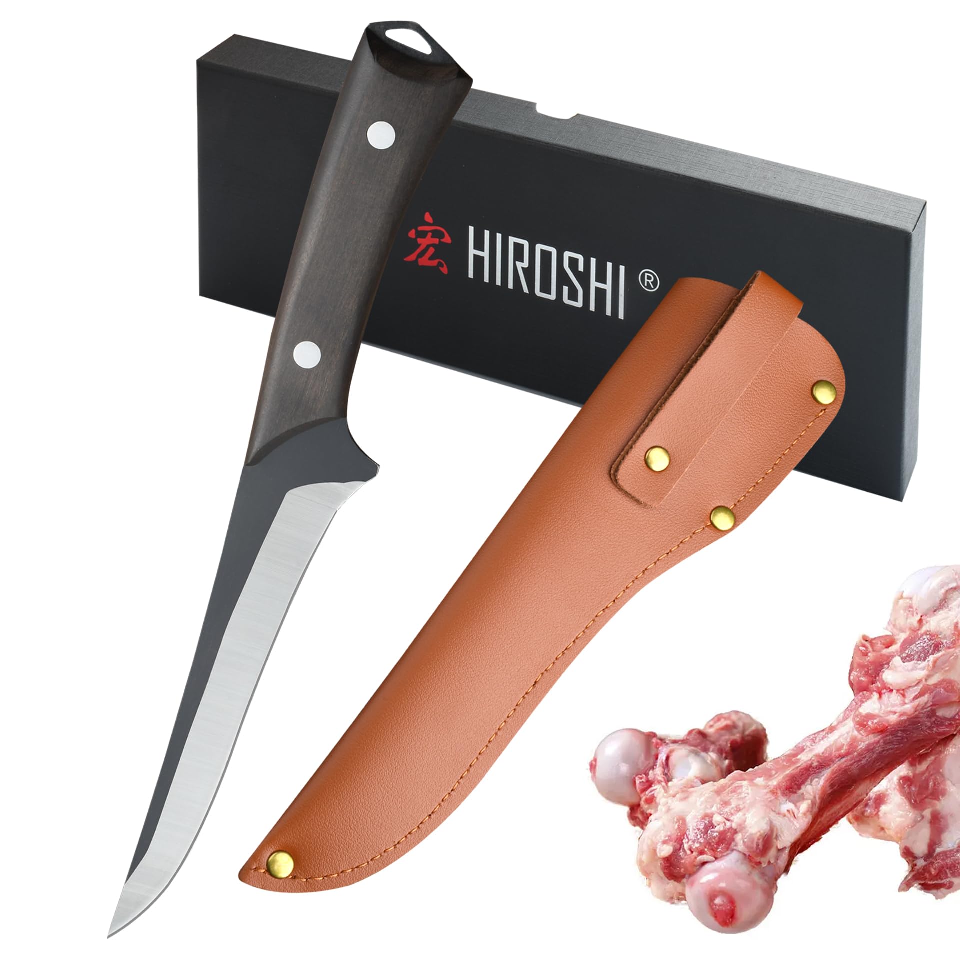 HIROSHI 骨スキ包丁 骨取りナイフ ボーニングナイフ 料理包丁 キッチンナイフ 黒面処理、錆びにくい アウトドアナイフ キャンプ用 狩猟解体 鞘付き 天然紫檀木の柄 持ち易い その1