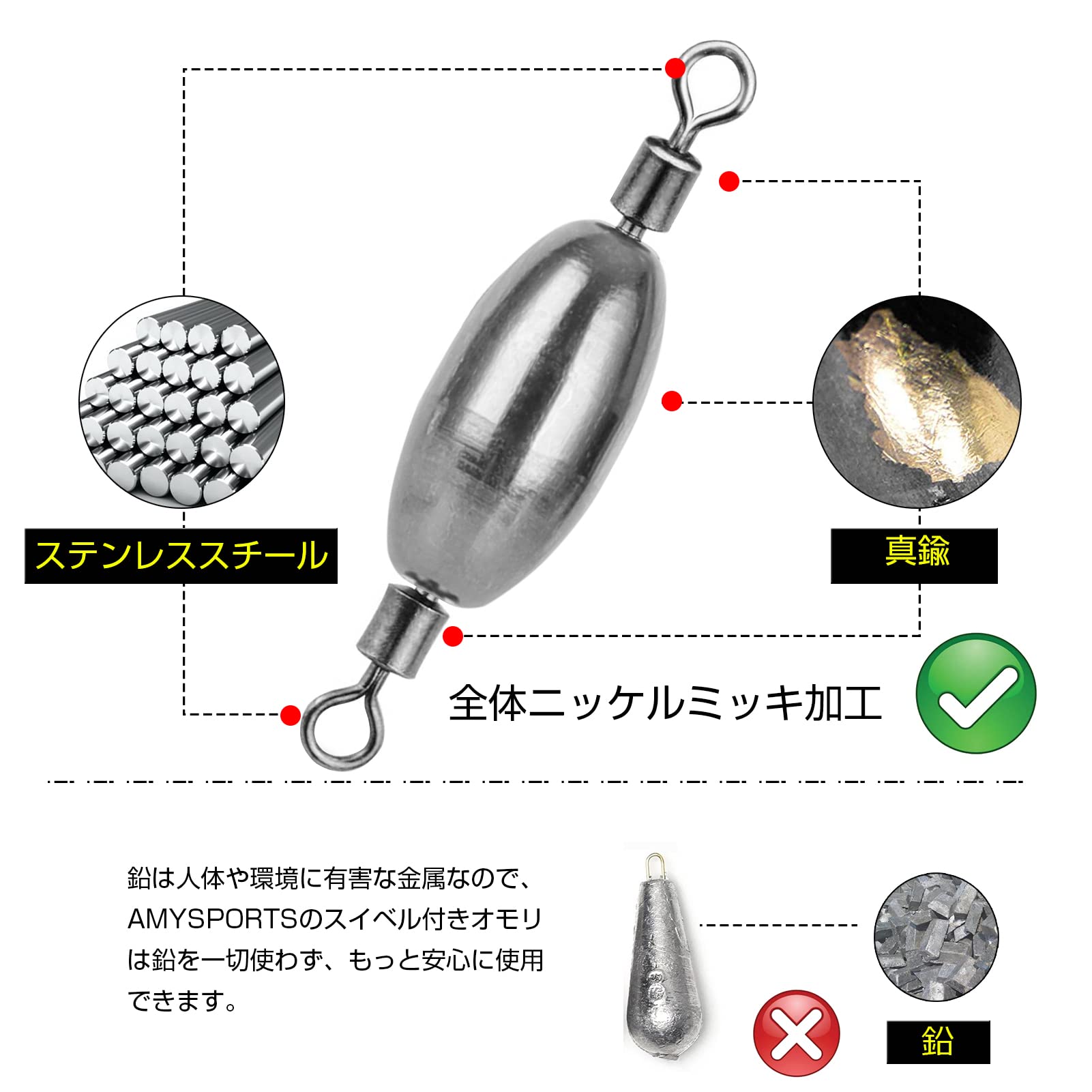 AMYSPORTS ぶっこみ 中通し 中 おもり 釣り クッション リグ テキサス シンカー フィッシング ナツメ タル付き 穴釣り シャックリ釣り エギング 根魚 ロックフィッシュ #5 (9.2g) 10個