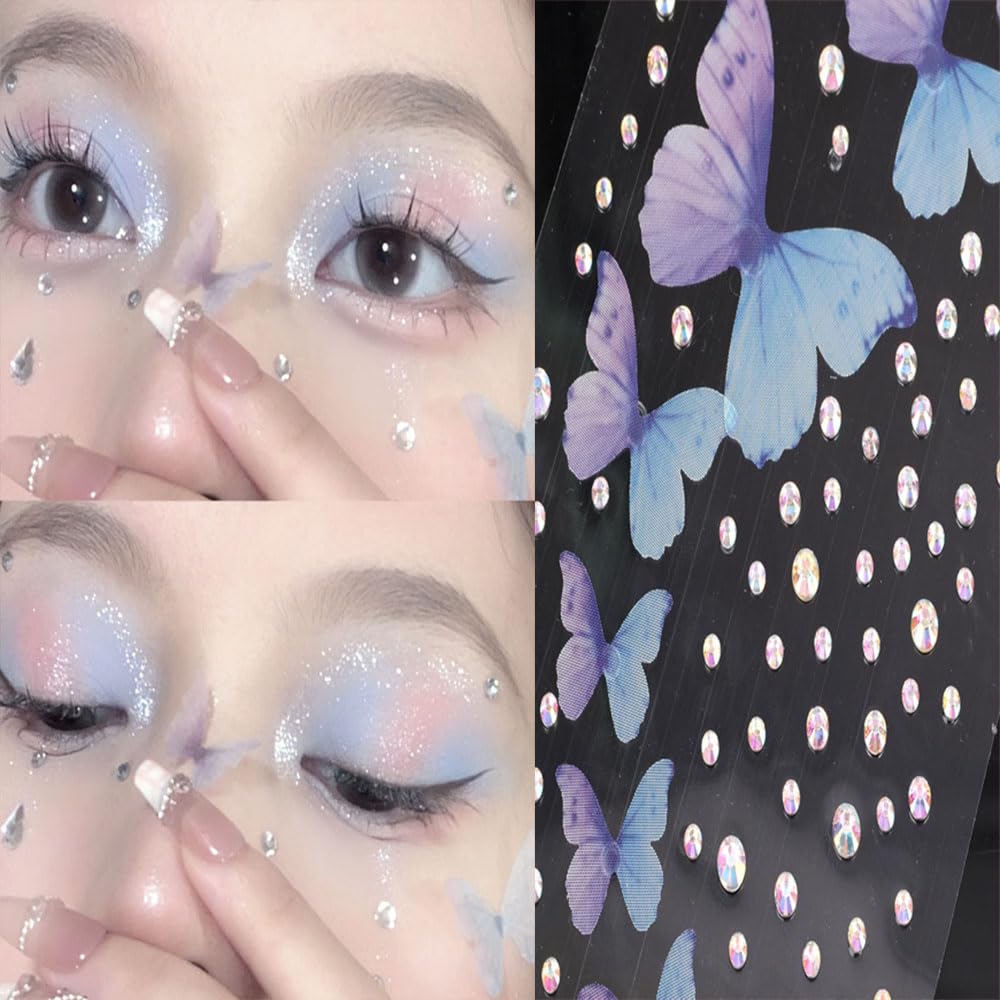 SensaBliss ラインストーン フェイスシール 顔 シール 4枚 キラキラ 3D ラインストーンステッカー ストーンシール 顔に貼るシール 涙メイク フェイスストーン ロースター ムーンストーンステッカー 蝶 ダイヤモンド デコパーツ キラキラ カラフル 自己吸着式で接着剤不要