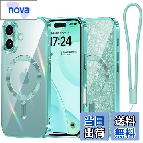 【送料無料】Meifigno iPhone 16 ケース キラキラペーパー付き MagSafeに対応 黄ばみなし 耐衝撃 磁力強い ワイアレス充電 ストラップ 透明 可愛い クリア 6.1インチ ティール