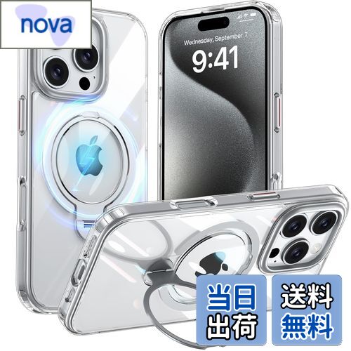 Fadkzyxr iPhone 16 Pro 用 ケース MagSafe対応 リング360°回転スタンド機能 縦横両対応 透明 黄ばみ防止 ワイヤレス充電 いphone16 Pro スマホケース レンズ保護 米軍規格 耐衝撃 携帯カバー アイフォン 16 プロ ケース マグネット搭載 車載ホルダー マグセーフ対応 お