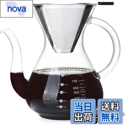ポカロティー コーヒーサーバー 耐熱ガラス コーヒーピッチャー 1000ml おしゃれ ドリップ珈琲サーバー ??? ステンレスメッシュ二重構造フィルター 繰り返し使用可能 紙フィルター不要 ホウケイ酸ガラス製耐熱ガラスポット ガラスコーヒーサーバー ハンドドリップコーヒ