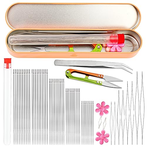 【送料無料】RMTIME ビーズ針58本セット、長いストレートビーズ糸針50本、糸通し付きビッグアイビーズ..