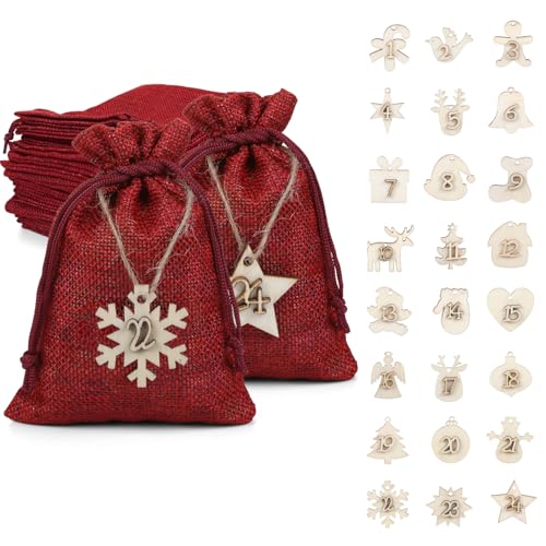 【送料無料】NALER クリスマス アドベントカレンダー 2025 ラッピング袋 巾着袋 レッド ナンバー ペンダント クリスマスカウントダウンカレンダー 小分け袋 雑貨 小物収納 24個セット