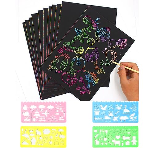 【送料無料】CXINCFBFUSH スクラッチアート A4サイズ 10枚 DIY 手作り 画用紙 スクラッチブラシ 1本 定..