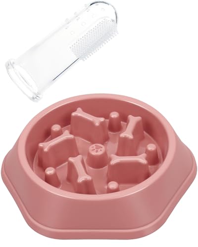 【送料無料】YACHUN 早食い防止 食器 ペット フードボウル 凹凸 エサ皿 滑り止め 小型犬猫 中型犬 大型犬 健康管理用 食器 餌入れ 餌皿 水飲み 給水器 ピンク（指歯ブラシ付き）
