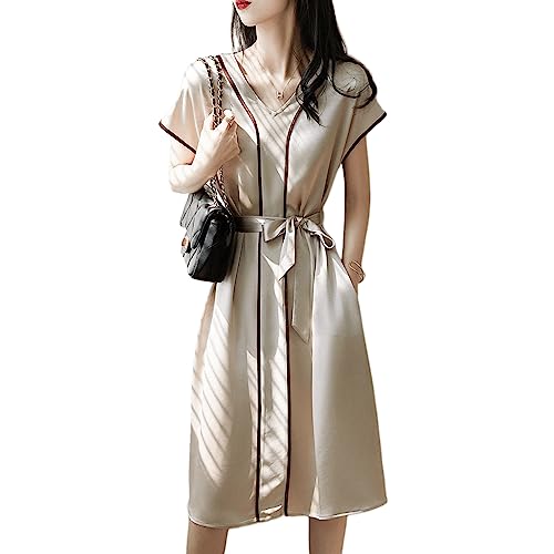 【送料無料】[Vincent house] ワンピース レデイース サテン風 リボン 半袖 Vネック 光沢 ツルツル 冷感生地 膝丈 涼しげ ミモレ丈 ふんわり きれいめ 上品 Aライン 女子らしい フォーマル 通勤 夏