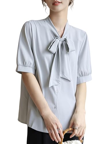 【送料無料】[Lalapala] ブラウス レディース 半袖 リボン シャツ ボウタイブラウス トップス 夏 ゆったり 大きいサイズ きれいめ 爽やか 無地 エレガント おしゃれ 着回し 着痩せ 体型カバー オフィス お出かけ デート 通勤