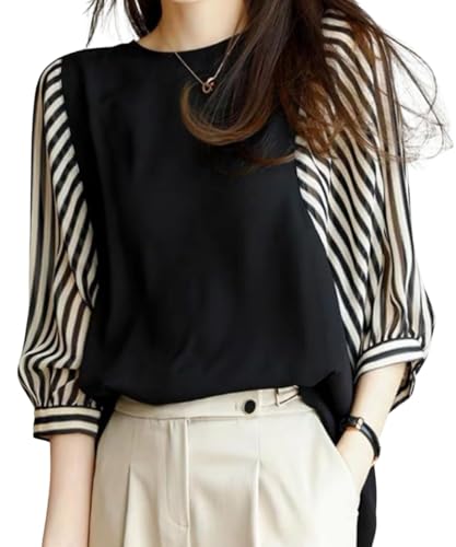 【送料無料】[Dep Club] ブラウス レディース 七分袖 チュニック トップス 春 秋 春秋 カットソー 7分袖 7部袖tシャツ ストライプ 袖 パフスリーブ 体型カバー オフィス 春服 秋服 黒