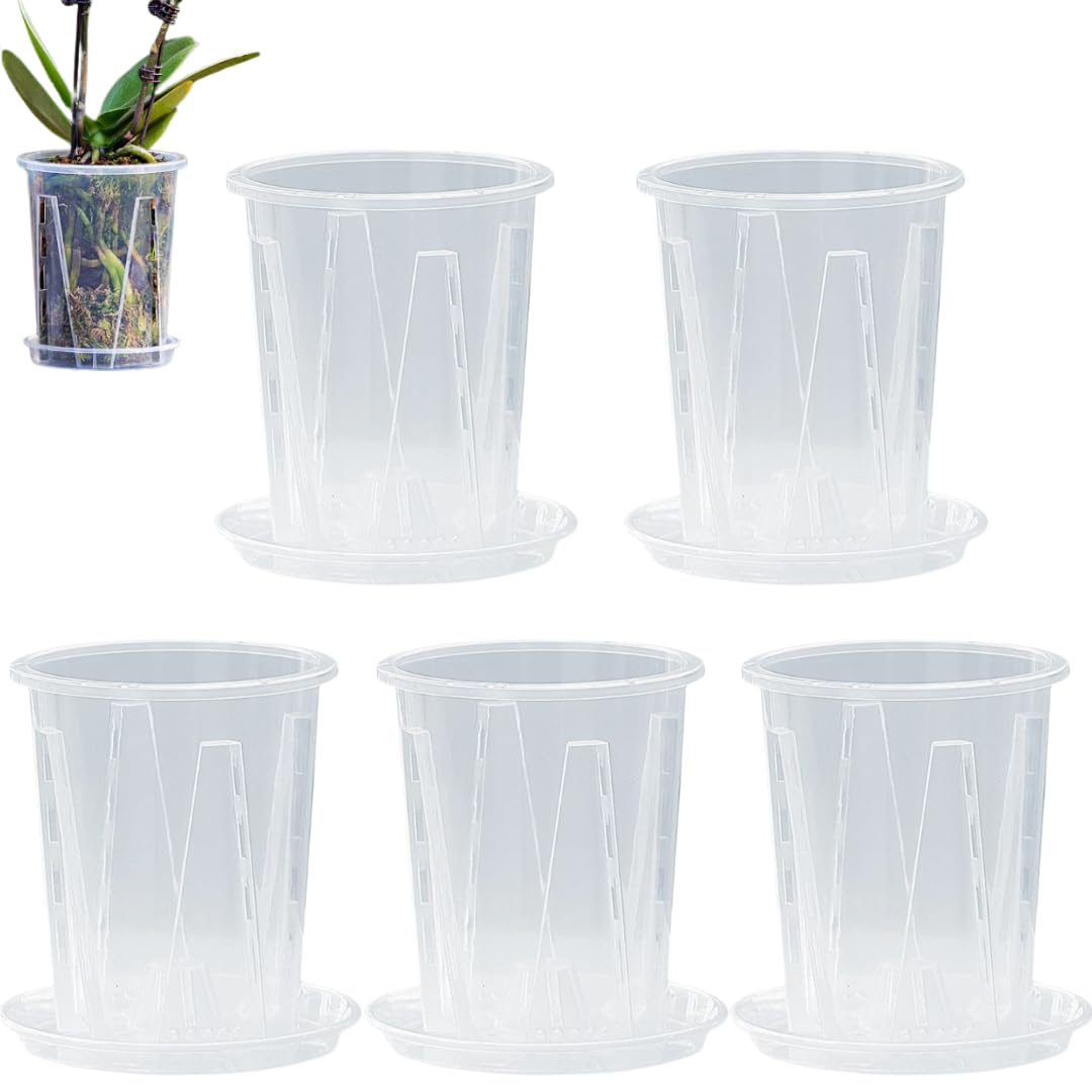 【送料無料】RekiLife 植木鉢 プラスチック 透明 底皿付き 観葉植物 オーキッドポット スリット鉢 5個..