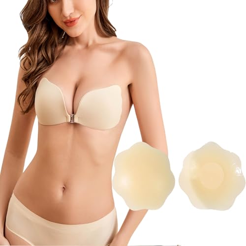 【送料無料】[Lakumai] 水着水着盛れる シリコンブラ水着ヌーブラ レディズー バスト水着パッドヌードブラ女性用 ブラジャー 紐なしストラップレスブラジャー 谷間メイク 軽量 肌に優しい 通気性 ホック付き