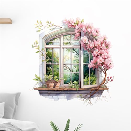 【送料無料】Condessacity ウォールステッカー 緑植 窓 偽の窓 ピンクの花 壁装飾 立体壁紙シール はが..