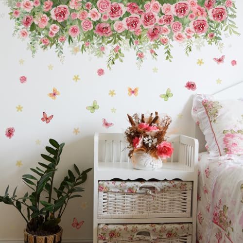 【送料無料】Condessacity ウォールステッカー バラ 植物 ピンク 花 おしゃれ つる 蝶 グリーン 葉 壁..