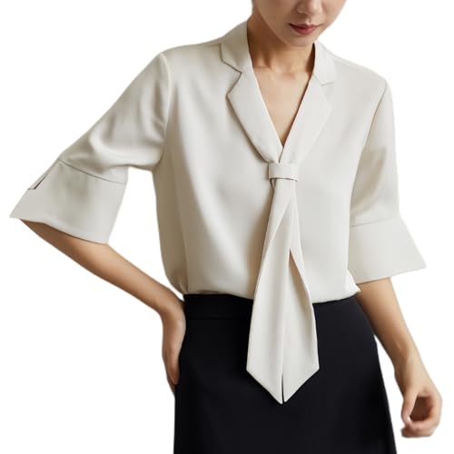 【送料無料】[Narebualo Cietupoop] タイブラウス 半袖シャツ レディース ブラウス オフィス トップスシフォン ボウエレガント Vネック 無地 ファッション スリム フィット 通気性 かわいい パフスリーブボウトップ ビジネス OL 通勤 夏