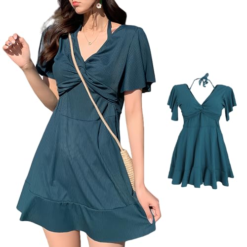 【送料無料】[Tiernyueth] 水着 レディース ビキニドレス ワンピース Vネック セクシー スリム ビーチ フィットネス ワンピース水着ファッション 胸パッド付き 大きいサイズ 体型カバー かわいい 泳ぐ 休み ビーチ 着痩せ 旅行 快適 温泉 休暇 水陸両用