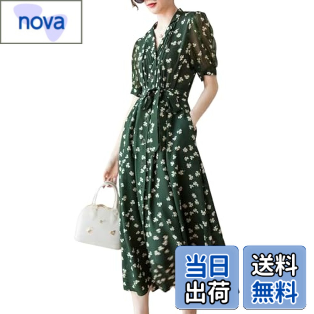 【送料無料】[Collecala] ドレス レディース夏 半袖 シフォンワンピース 四葉草総柄vネック夏洋服 なつ上品フォーマルワンピ クローバー柄わんぴーす