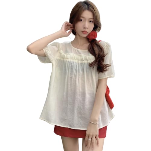 【送料無料】[Vincent house] サマーブラウス レディース パフスリーブ カウルネック トップス 半袖 プルオーバー シャツ ゆったり シンプル 通気 薄手 無地 おしゃれ 日常着 夏