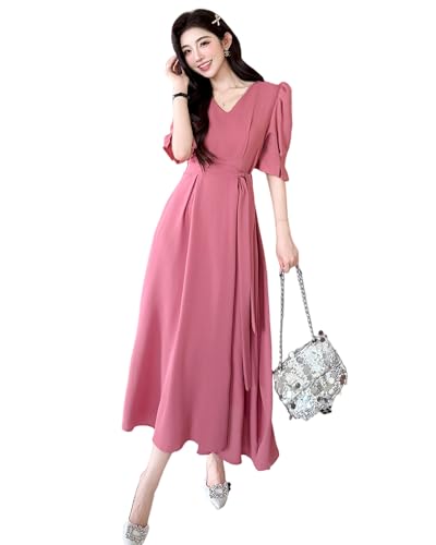 【送料無料】[Collecala] 夏ワンピース aラインフレアドレス レディースsummer 半袖 バブルスリーブ 夏洋服 ウエストマーク後ろゴム ベルト付きハイウエストタックワンピース