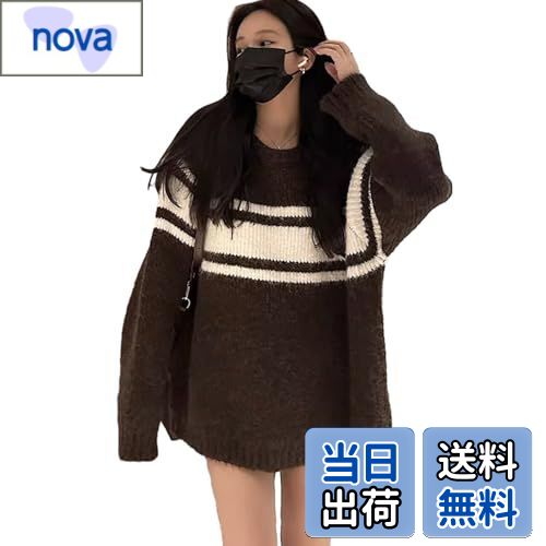 楽天nova【送料無料】[NONELECEDOLE] ニット セーター レディース トップス ストライプ 厚手 長袖 ミディアム丈 ゆったり 着痩せ レトロ だるい風 大人 シンプル 暖かい カジュアル デート 通勤 秋 冬