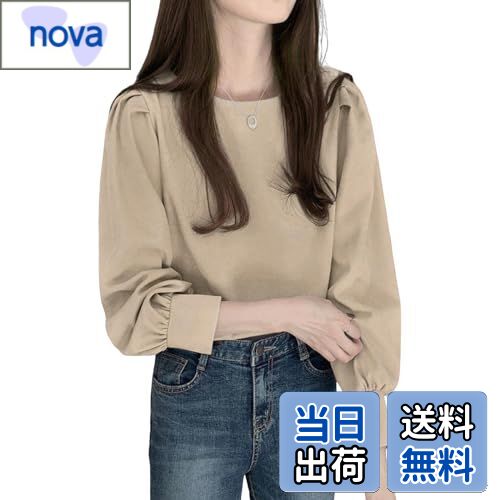 【送料無料】[Guooryvner] グオーリーブナー ブラウス レディース 長袖 春 秋 冬 シャツ パフ袖 トップス 無地 丸襟 襟なし 長袖tシャツ 綿 可愛い ゆったり 春物 キレイめ 透けない おしゃれ カットソー カジュアル 大人 オフィス 通勤 体型カバー