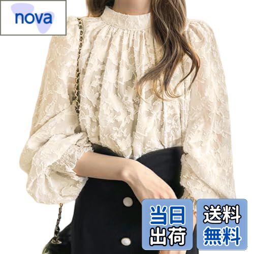 【送料無料】[Narebualo Cietupoop] レディース レース シャツ ミッドハイクルーネック パフスリーブ 長袖トップス 壊れた花模様 無地 透かし編み 柔らかい肌触り 透け感 ファッション かわいい ップ 大人 フェミニン シンプル カジュアル 秋冬