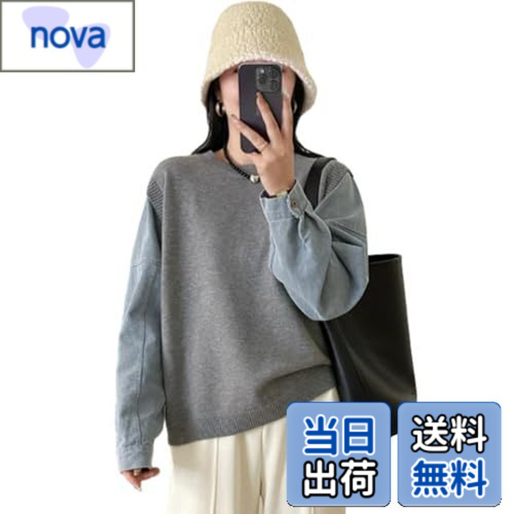 樂天商城 - 【送料無料】[NONELECEDOLE] セーター レディース ニットベスト プルオーバー ニット 切り替え トップス 丸首 デニム長袖 無地 体型カバー ゆったり おしゃれ 暖かい シンプル 快適 普段着 デート通勤 春 秋 冬