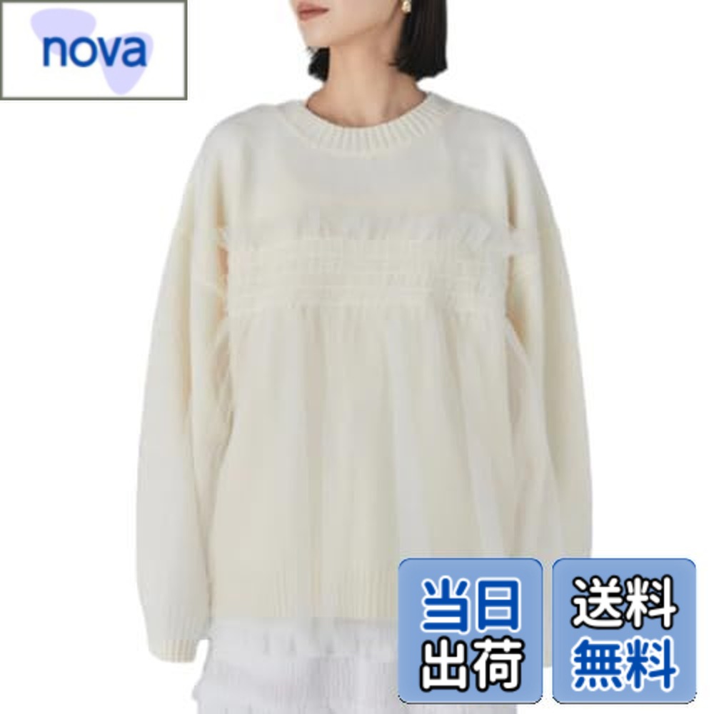 【送料無料】[NONELECEDOLE] セーター レディース 長袖 トップス 丸首 ランタンスリーブ チュール 切り替え ニットソー 無地 おしゃれ ゆったり 着痩せ 甘さ 快適 通勤 普段着 春 秋 冬