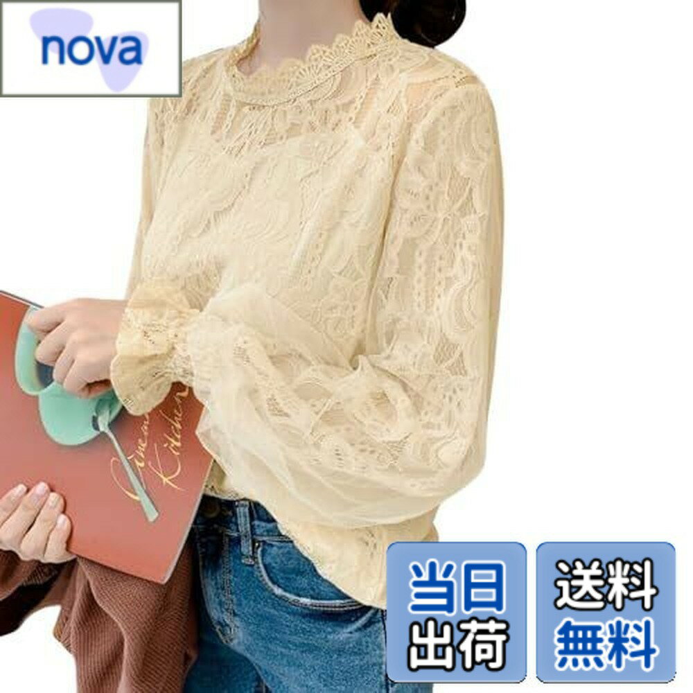 【送料無料】[Guooryvner] グオーリーブナー ブラウス レディース ワイシャツ 春 秋 冬 カジュアルシャツ 透け感 ゆったり クルーネック 長袖 可愛い レース フリル トップス オフィス カットソー 大きいサイズ ファッション エレガント 無地 プルオーバー