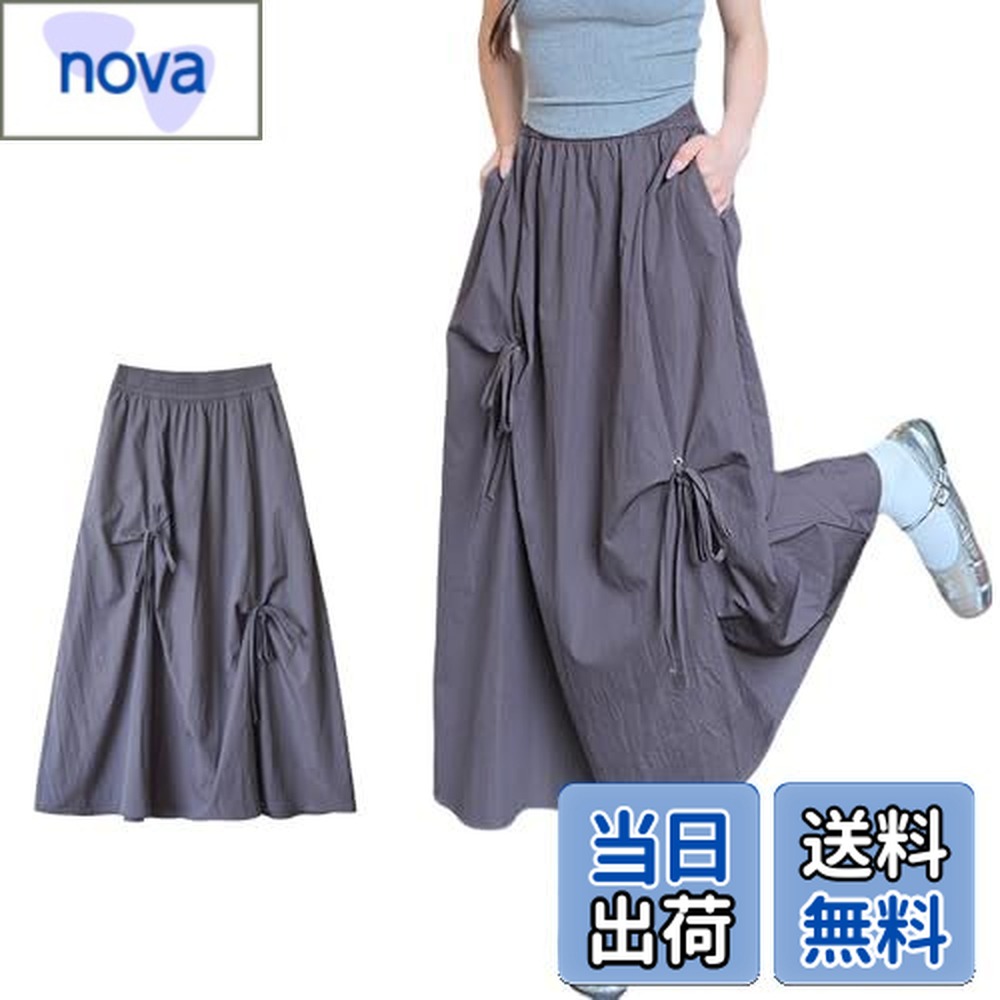 【送料無料】[MERONOCALLALY] リボン スカート 夏 レディース ポケットあり 裏地付き ミモレ丈 ウエストゴム 透けにくい 軽量 薄手 かわいい おしゃれ ふんわり ロングスカート 春 秋