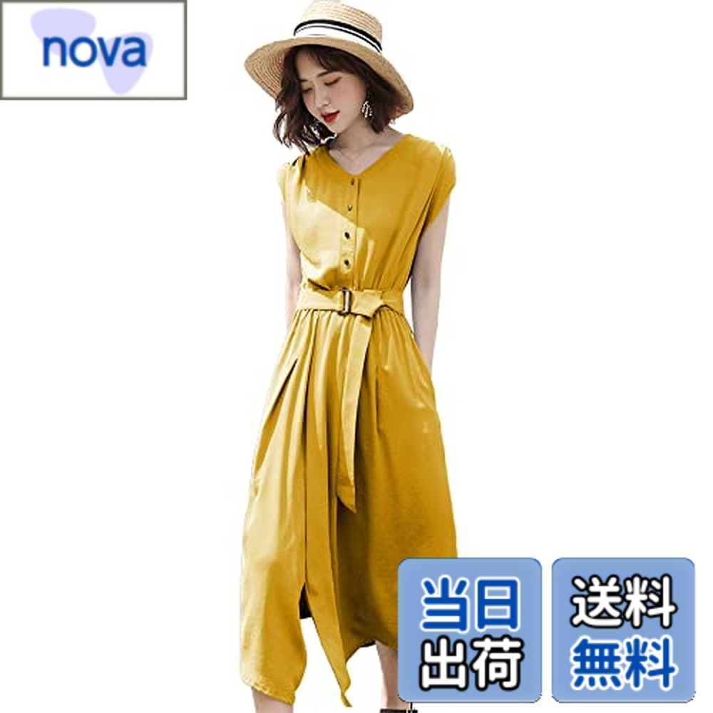 【送料無料】[H.U.A] [エイチユーエー] ワンピース 春 夏 秋 きれいめ Vネック 薄手 ゆったり ベルト付き シンプル 無地 ワンピ 大きいサイズ スリッド 半袖 ミモレ丈 ロング レディース M-XL