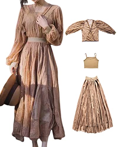 【送料無料】Collecala ワンピース きれいめレースドレス レディース 結婚式ドレス3点セットアップ パフスリーブ長袖ブラウス+キャミソール+レースロングスカート ゆったり仕様着痩せ 上品ドレスおしゃれ シアー きれいパーティー 結婚式 通勤 二次会ワンピース