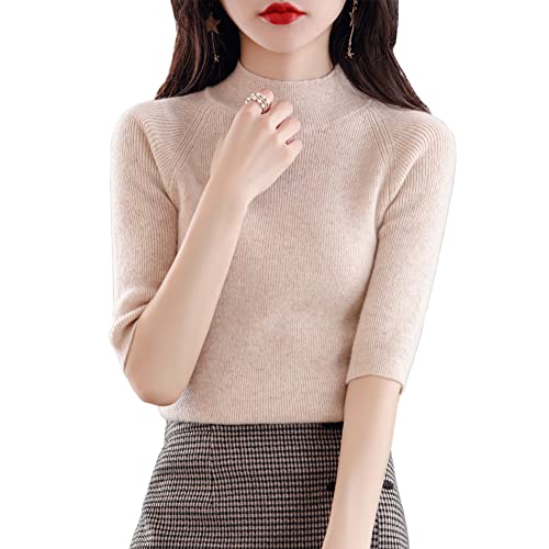 【送料無料】[Bolan Verl] 【 9色 】 ハイネック ニット 五分袖 サマーニット トップス レディース 黒 白 赤 半袖 セーター リブ カットソー ストレッチ 春夏 キレイめ