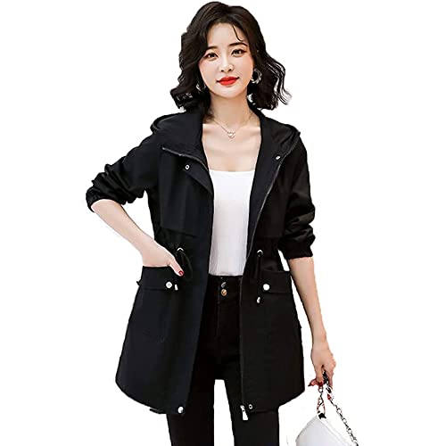 【送料無料】MDMYXJP マウンテンパーカー レディース ウィンドブレーカー トレンチコート フード付き ロングコート 軽量 通気 防風 春秋 M~3XL MD170 (3XL, ブラック)