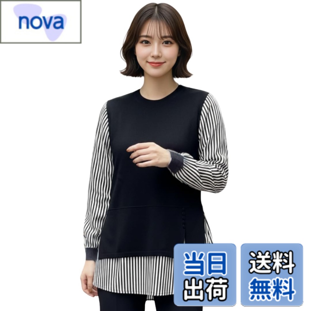 【送料無料】[UQQA] [これ1枚で決まる] チュニック レイヤード風 レディース ニット トップス 春秋 プルオーバー 色：ブラック、サイズ：L