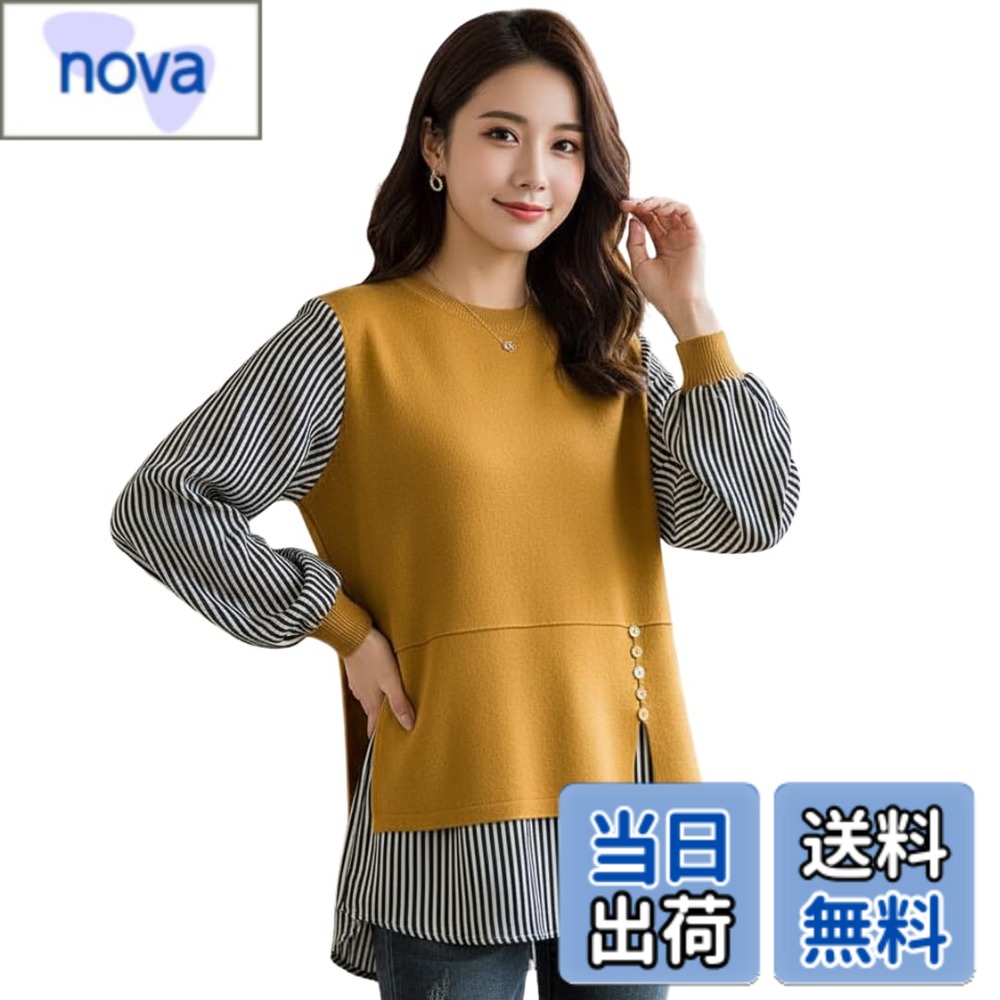 【送料無料】[UQQA] [これ1枚で決まる] チュニック レイヤード風 レディース ニット トップス 春秋 プルオーバー 色：イエロー、サイズ：L