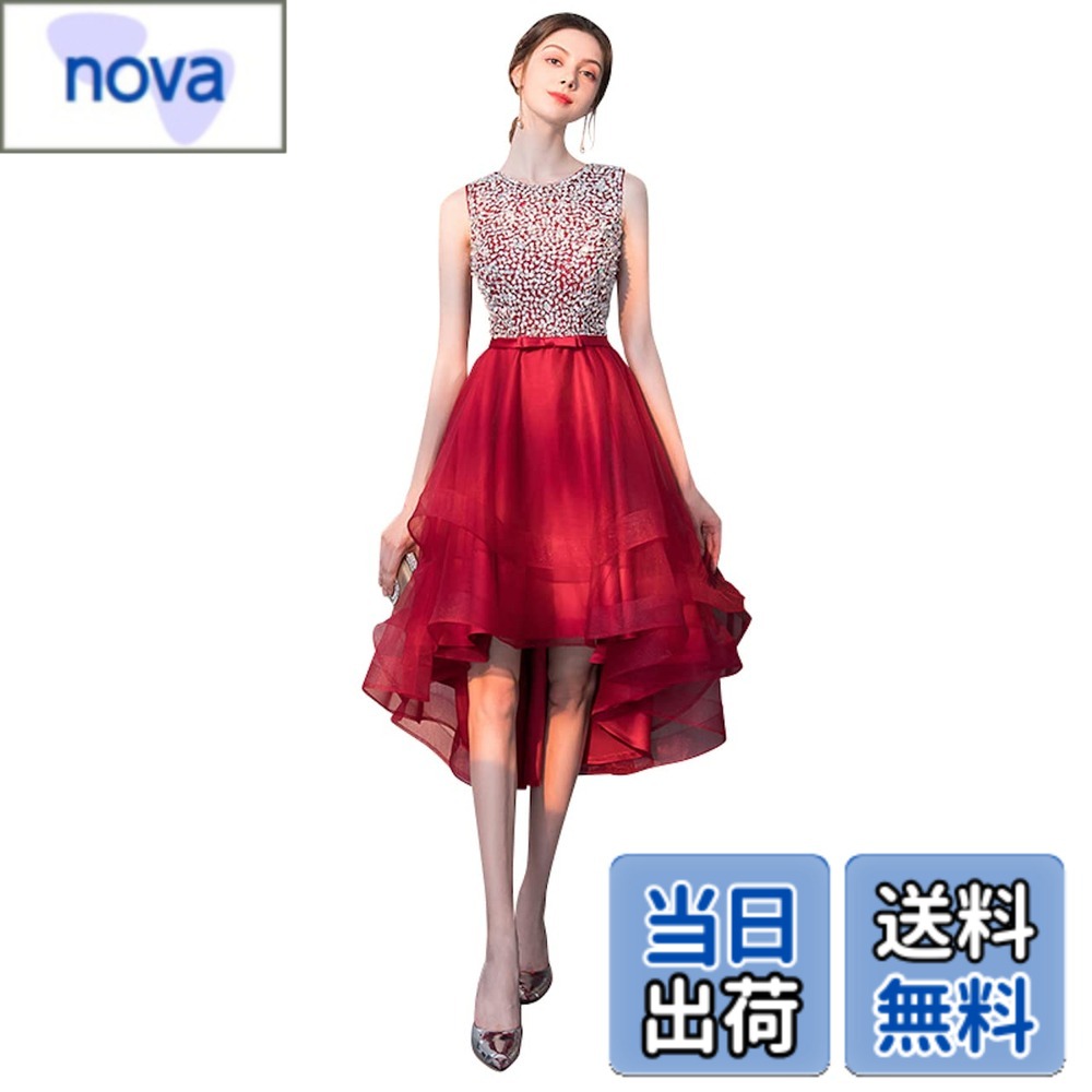 【送料無料】[EightSTAR Dress] フィッシュテール ドレス 華やかスパンコール Aライン フレア ノースリーブ 結婚式ドレス 謝恩会 二次会 発表会 10代 20代 30代 40代 個性的 色：レッド、サイズ：L