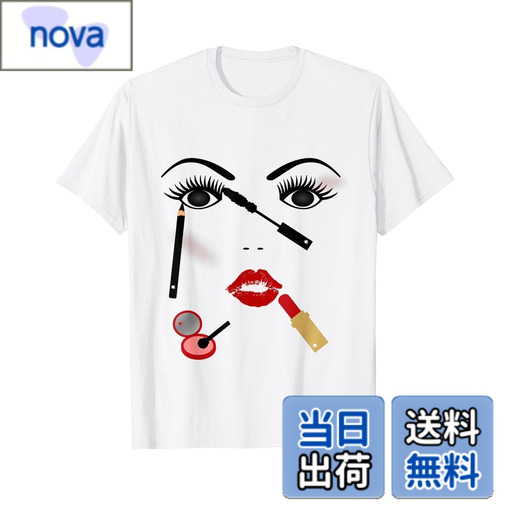 【送料無料】可愛い メイク まつげ マスカラ ブラシ 眉毛 赤 口紅 Tシャツ 色：ホワイト、サイズ：S