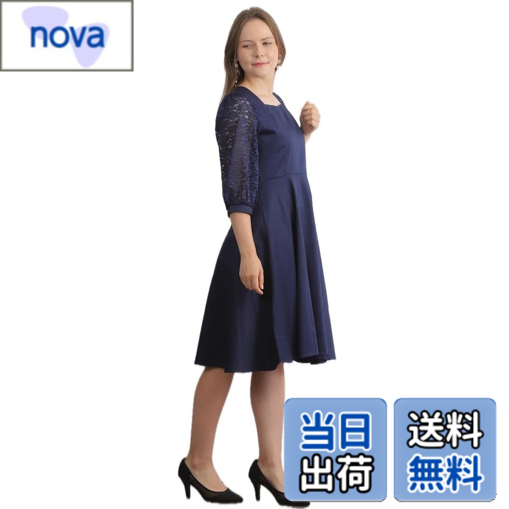 【送料無料】[EightSTAR Dress] パーティードレス レディース 結婚式 お呼ばれ レース 袖あり オケージョン 体型カバー ゲスト ひざ丈 Aライン 大きいサイズ 20代 30代 40代 色：ネイビー、サイズ：L