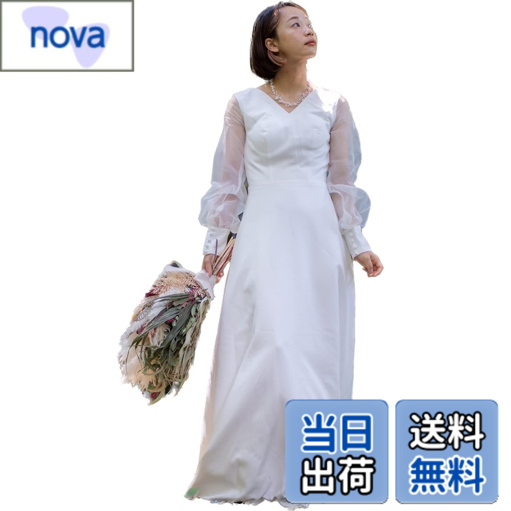 【送料無料】[EightSTAR Dress] 前撮りドレス ウエディングドレス 白 ウェディングフォト ワンピース 二次会 花嫁 主役 ロング丈 長袖 袖あり シースルー Vネック シンプル 色：ホワイト、サイズ：XL