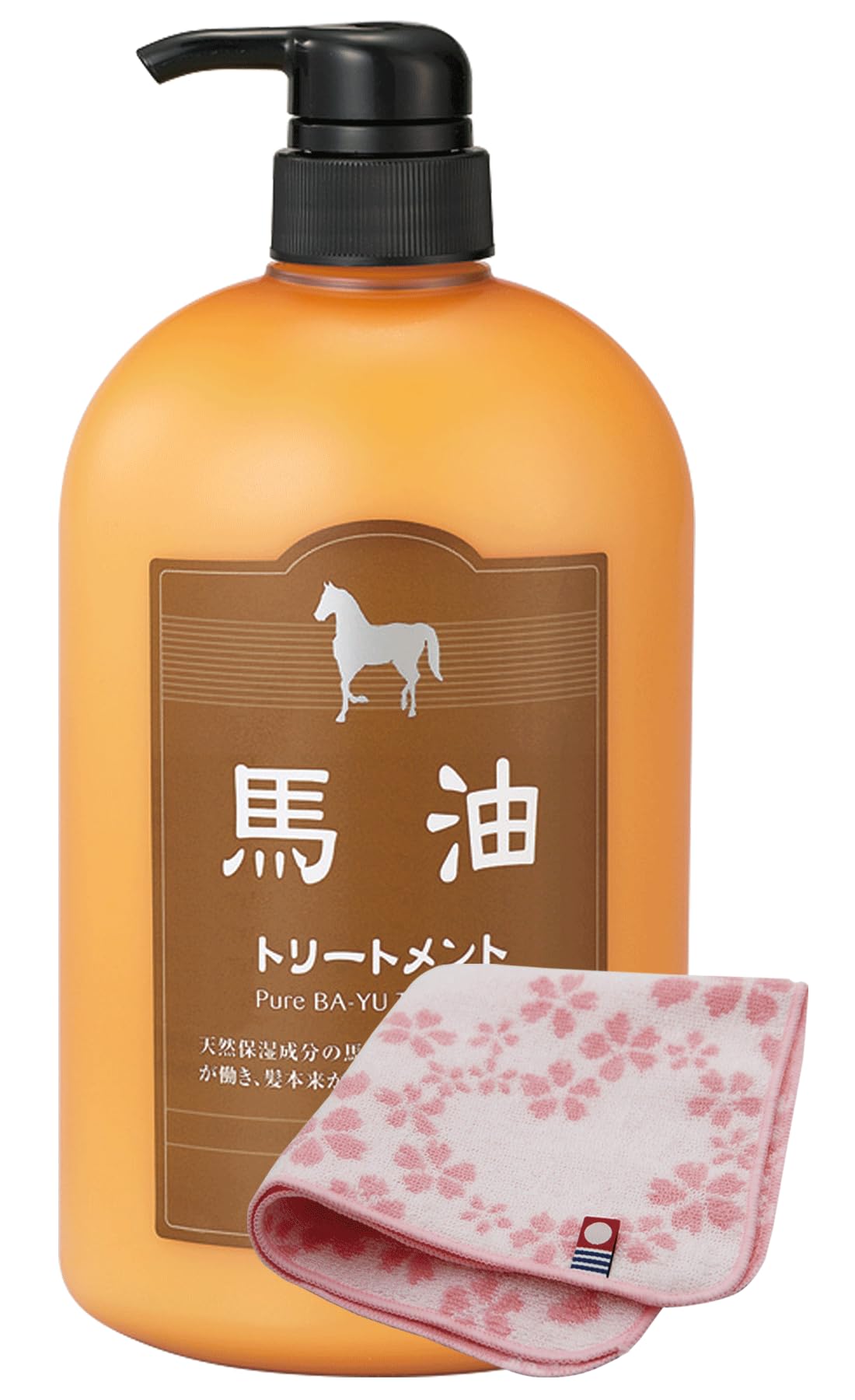 【送料無料】アズマ商事 馬油トリートメント ボトル 1,000g【今治タオルハンカチ付き】 色：オレンジ