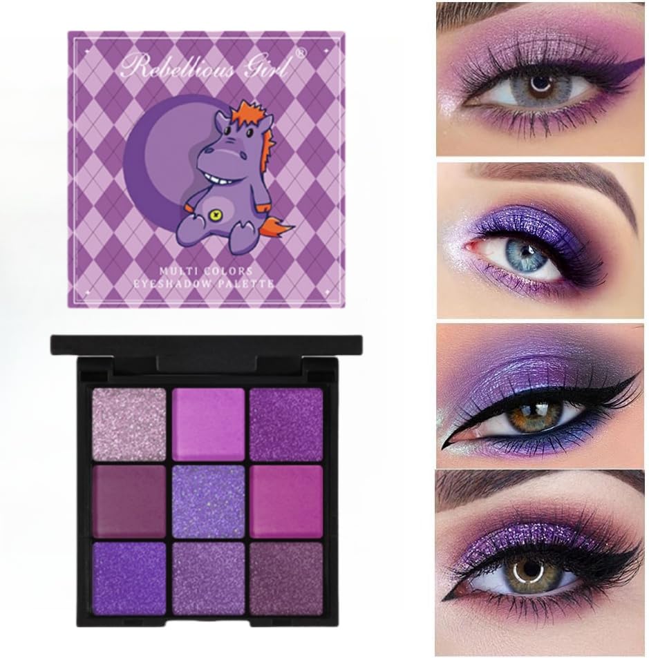 【送料無料】パンクスモークグリッターアイシャドウ9色、パレットシャドウピグメント、グレークールカラーパレット、ブラックアイシャドウパレット 色：03#紫のカバ