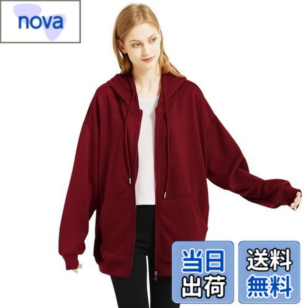 【送料無料】[THREEGUN] パーカー レディース 大きいサイズ フード付き オーバーサイズ ジップパーカー アウター ゆったり トレーナー トップス スウェット 長袖 無地 秋服 色：ワインレッド、サイズ：M
