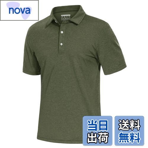 【送料無料】[TACVASEN] ポロシャツ メンズ 半袖 吸汗速乾 通気性 ゴルフウェア ストレッチ ボタン付 通勤 ランニング 襟付き 無地 スポーツ カジュアル ポリエステル 色：アーミーグリーン、サイズ：L